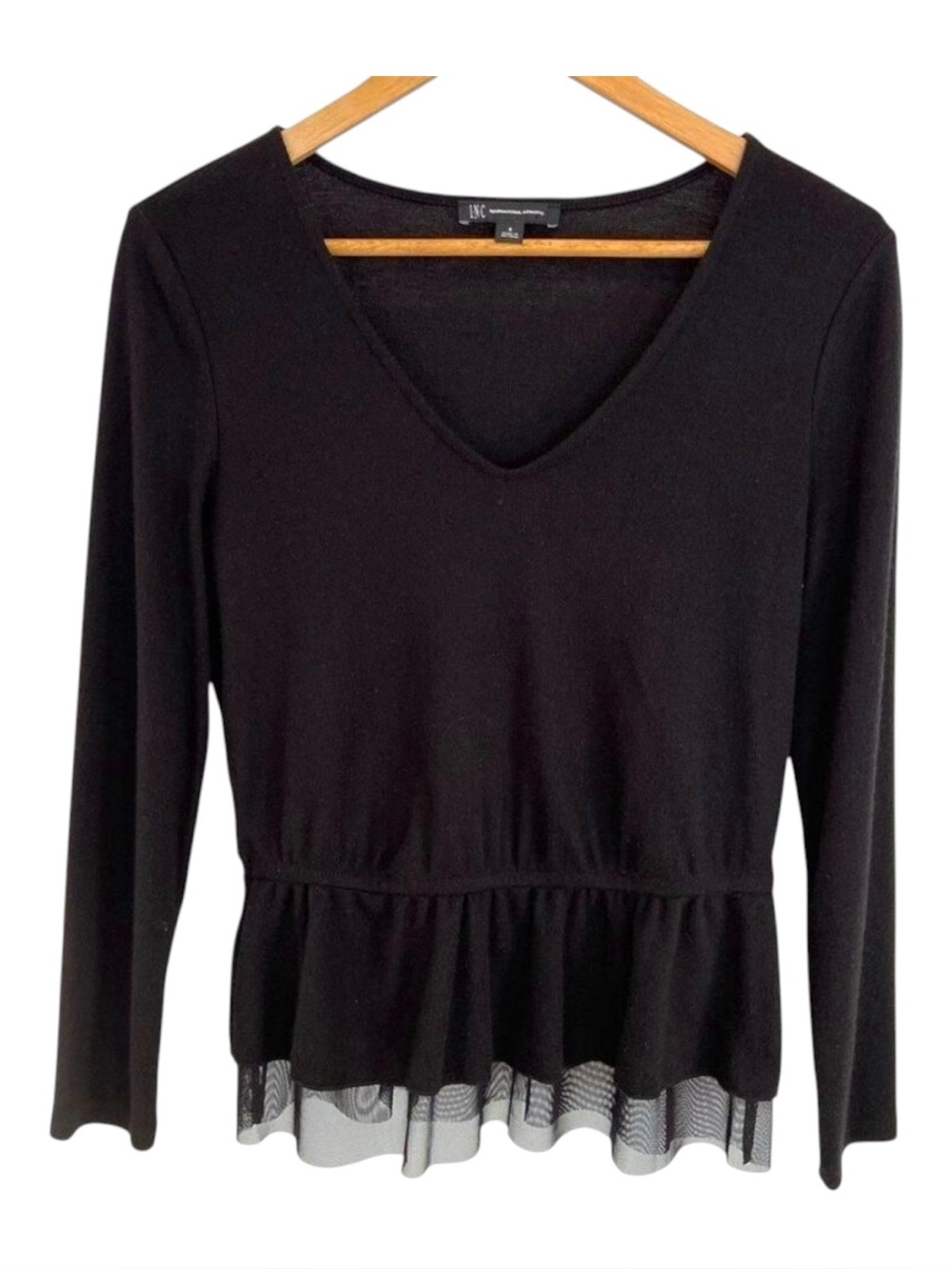 INC International concept black knit sweater top Vneckline tulle embellished ela